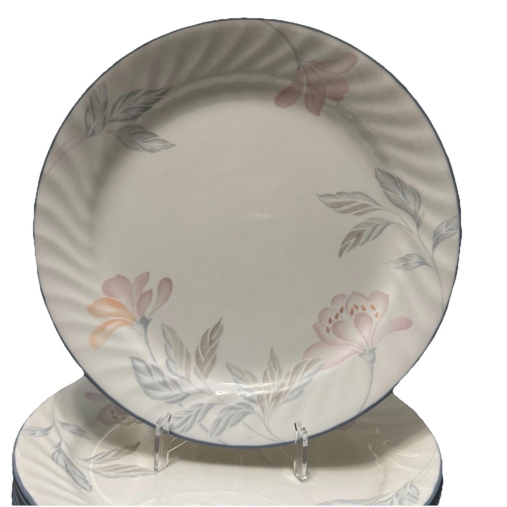 Corelle Pink Trio Set of 8 Dinner Plates 10 1/4" Floral Light Blue Rims Vintage